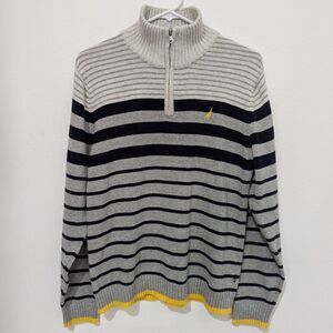 Nautica Grey Blue Yellow Striped 100% Cotton Turtleneck 1/4 Zip Sweater Large